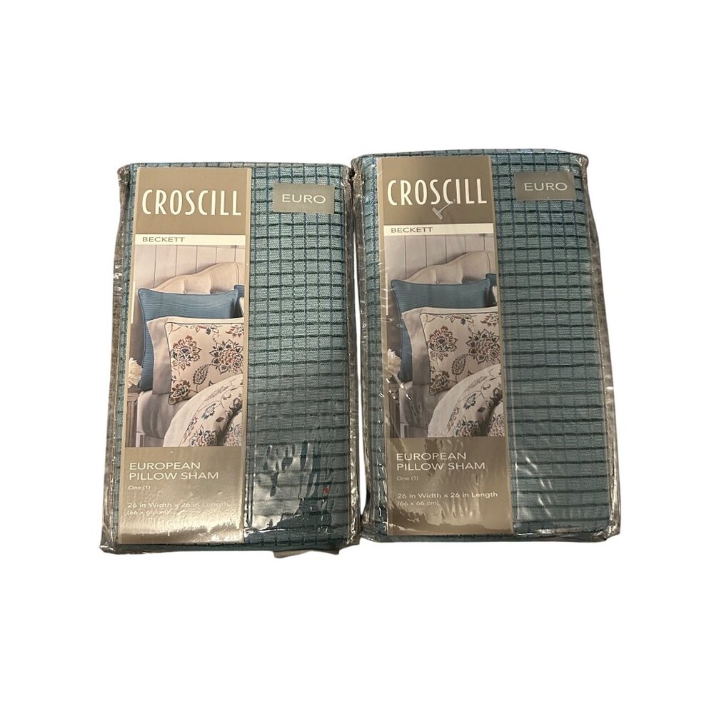 Croscill Beckett European Pillow Shams Set Of 2 26"x26" Blue Grid Pattern Cotton